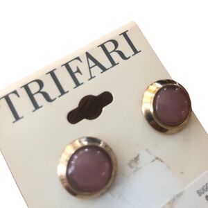 VTG Trifari Purple Gold Button Pierced Earring Surgical Steel Post .5” Round